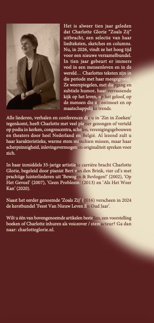 Portret van de zittende Charlotte Glorie, met een Nederlandse tekst over haar loopbaan en prestaties op een bordeauxrode achtergrond.